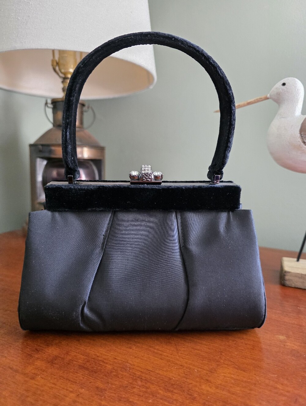 Franchi Vintage Black Satin Velvet Evening Clutch Top Handle Purse